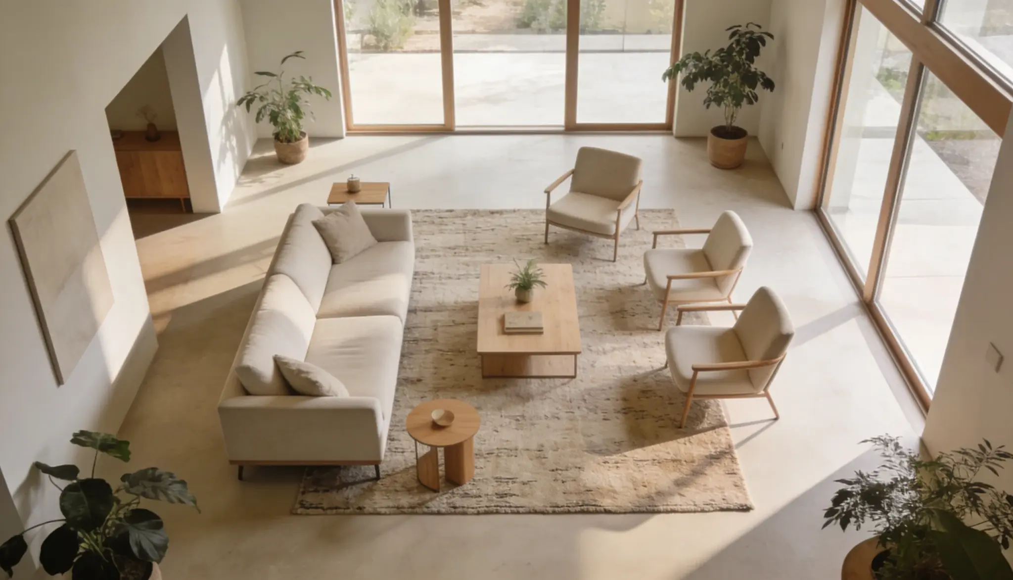 High angle view of a modern living room with a beige sectional sofa, wooden coffee table, area rug, and light wood framed armchairs bathed in natural sunlight from large windows.