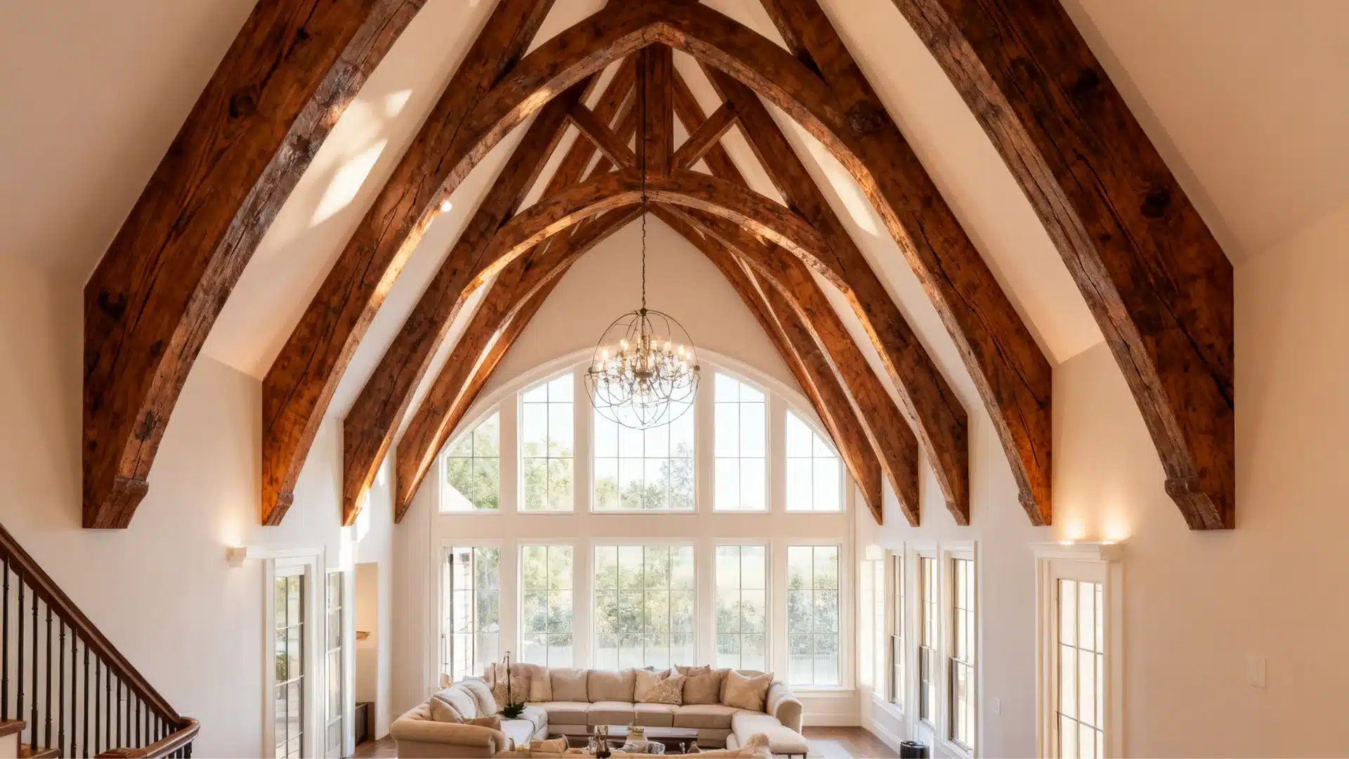 Interior view of a great room featuring a exposed wooden beam ceiling supported by prominent dark wood trusses, a large arched window wall, and a spherical chandelier.