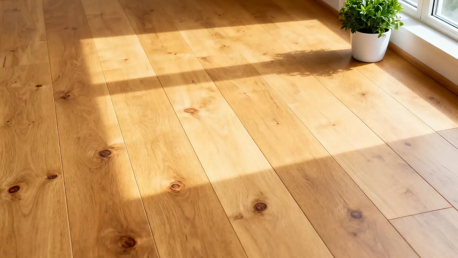 Light oak hardwood floor planks illuminated by natural sunlight streaming through a window, with a small potted plant visible near the sill.
