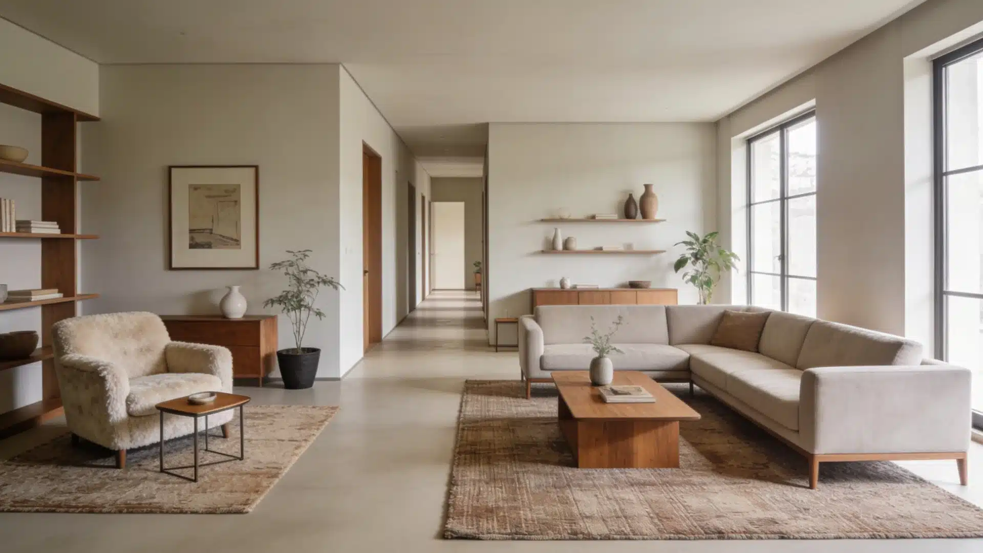 Minimalist living room with a beige sofa, wooden coffee table, and plush armchair on textured rugs. Shelves and windows add a serene, airy feel.