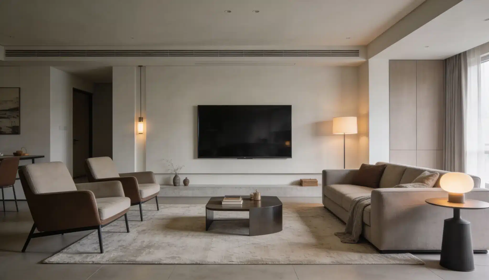 Modern living room featuring neutral tones, a wall mounted television, a plush sofa, two accent chairs, and a dark metal coffee table on a light rug.