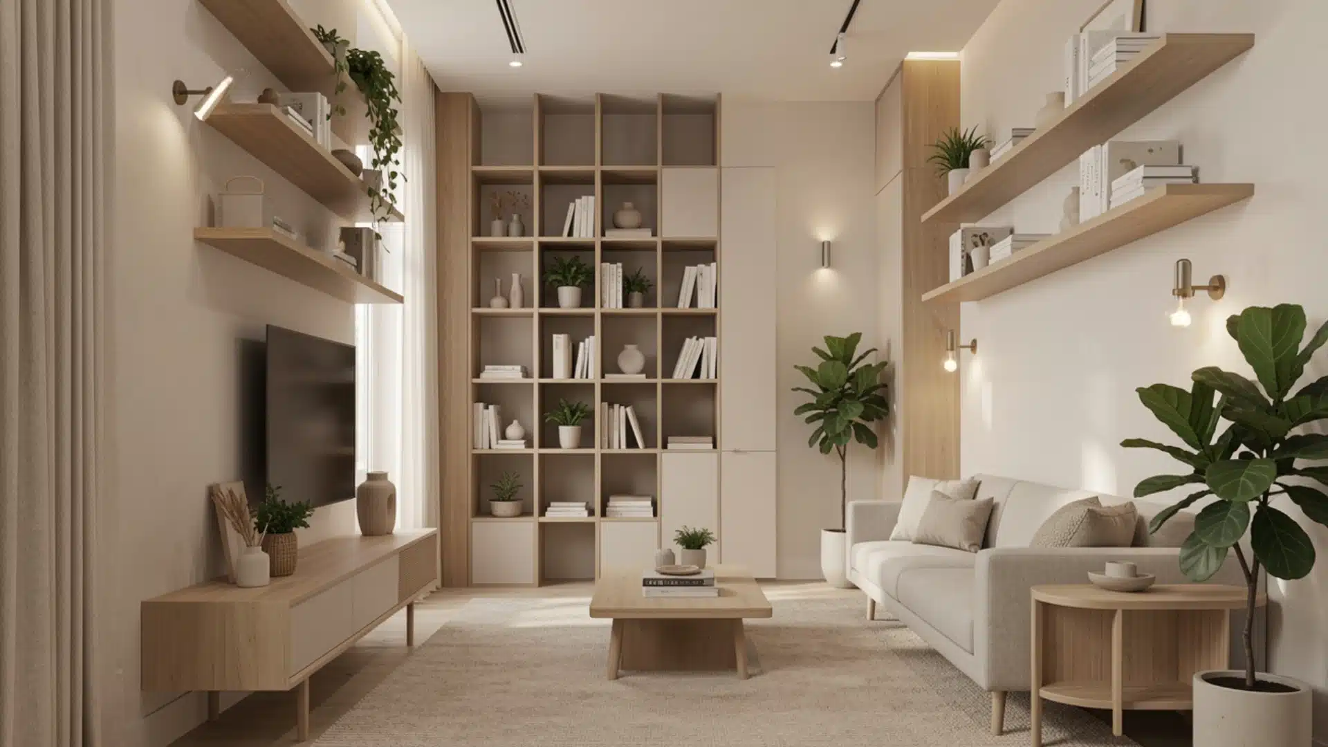 Modern minimalist living room featuring light wood accents, floating shelves, a grid bookshelf, light upholstery, and abundant indoor greenery.