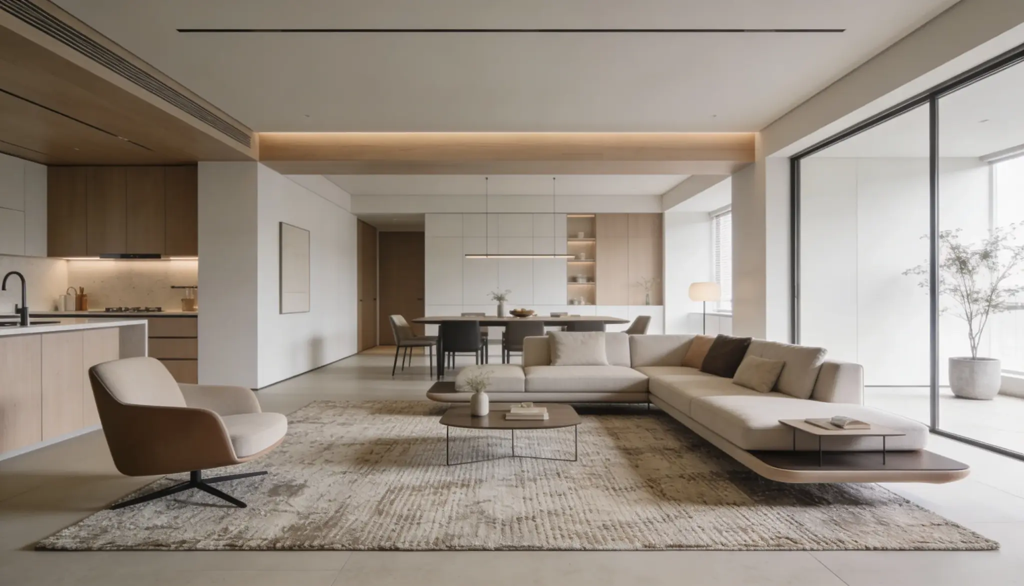Open plan modern living space featuring light wood cabinetry, a sectional sofa, a dining area, and large windows showcasing an outdoor potted tree.