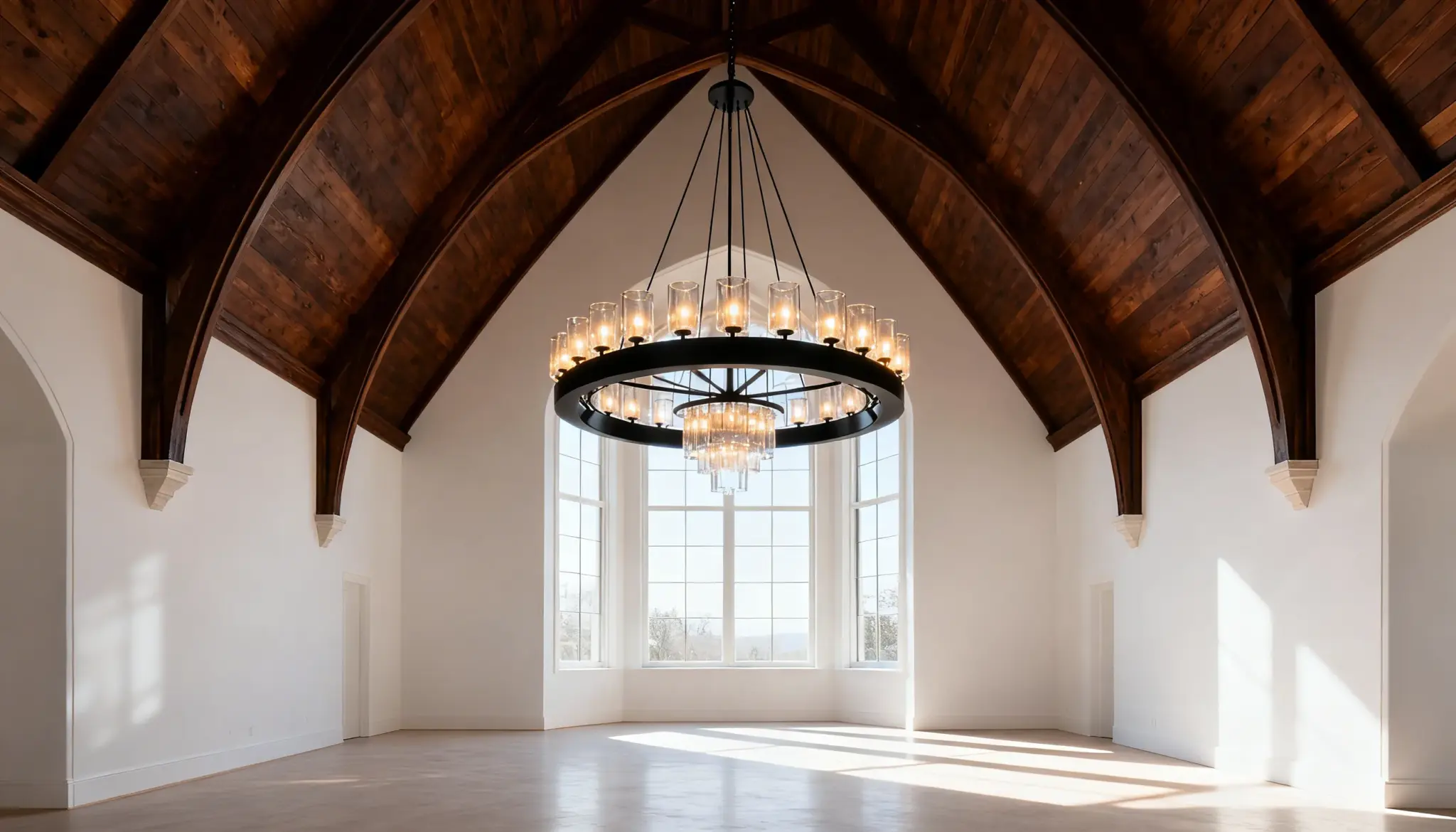 Spacious, bright room featuring a dramatic dark wood cathederal ceiling, a large black circular chandelier, and a bay window overlooking a landscape.