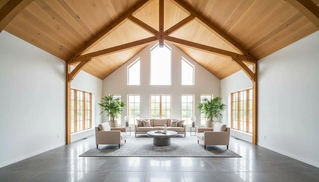 Spacious living room featuring a vaulted wooden truss ceiling, white walls, large grid windows, and contemporary neutral furniture set on a glossy grey floor.