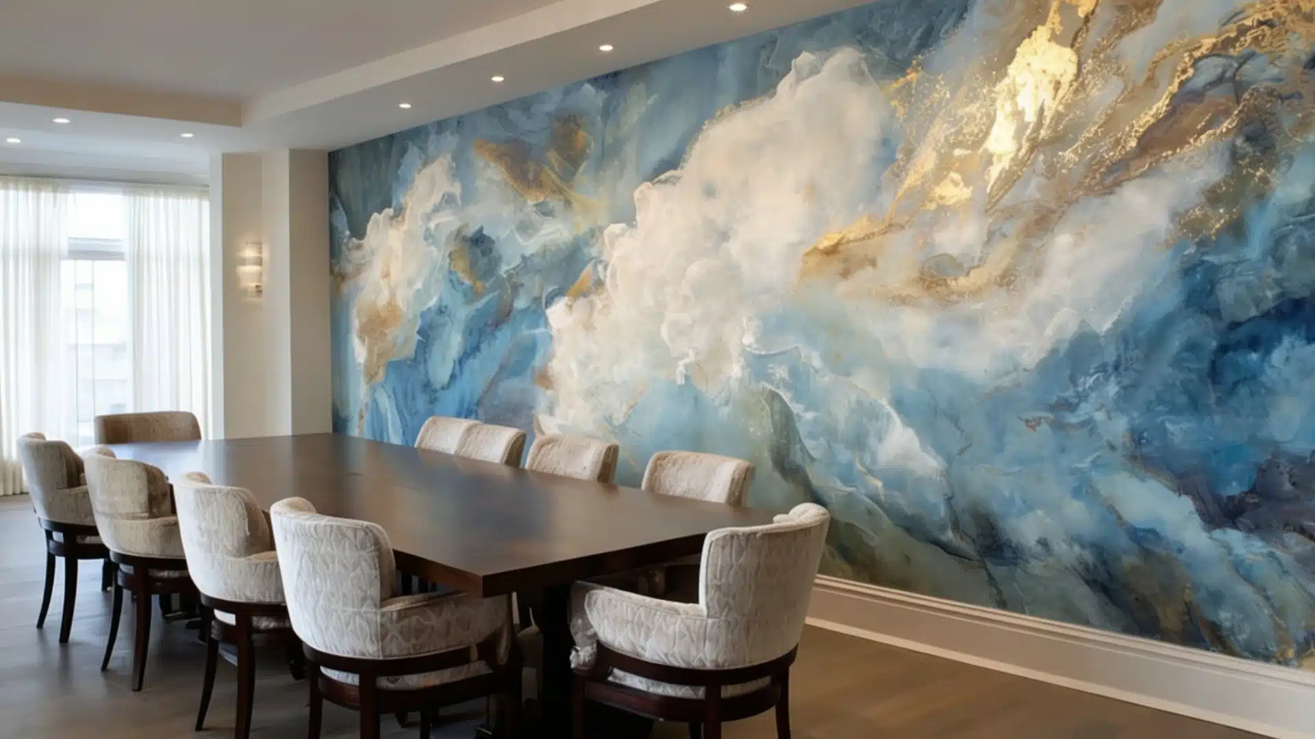 Modern dining room featuring a light wood table, black chairs, and a prominent slatted mural accent wall