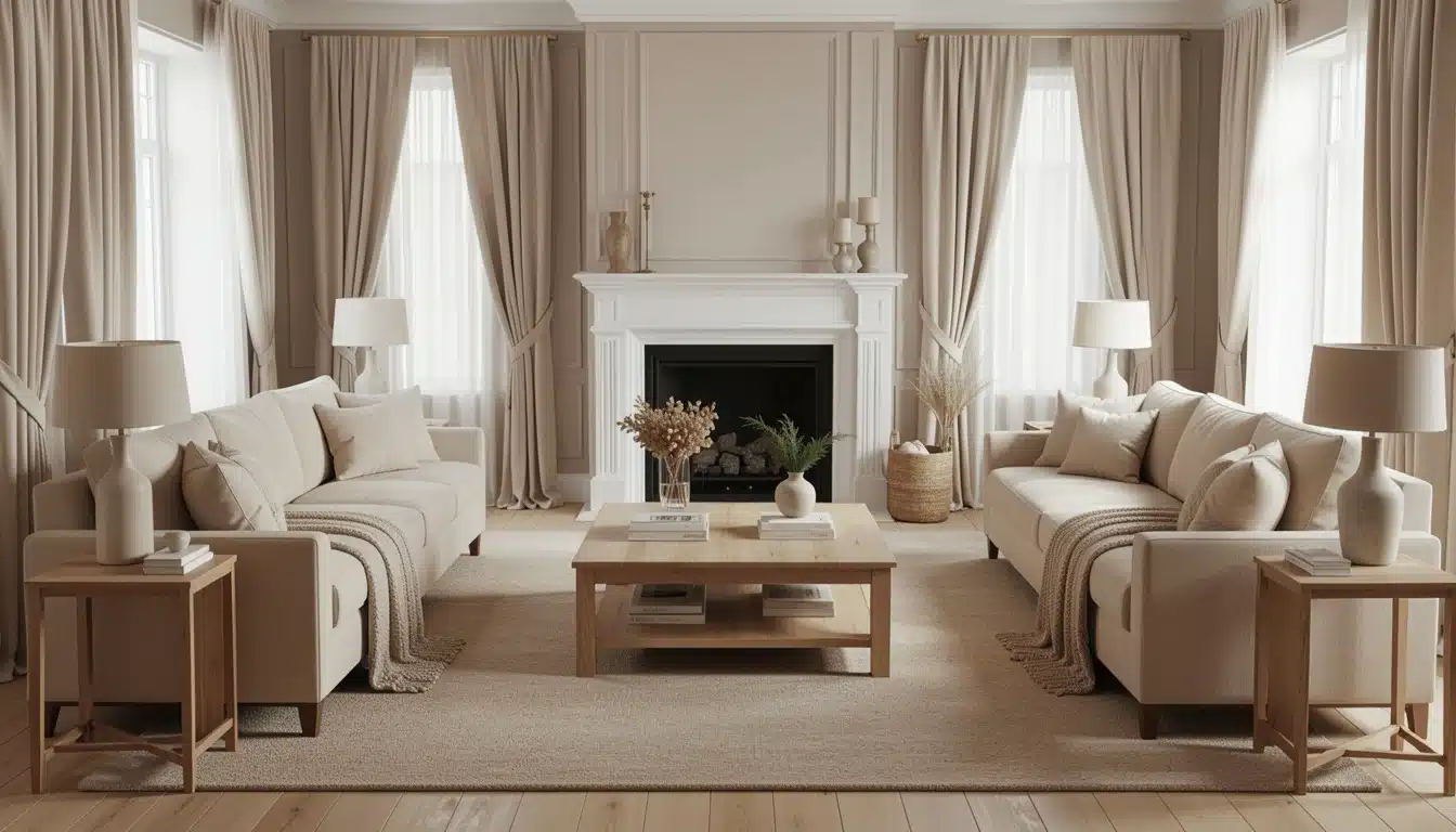Symmetrical living room interior featuring two light beige sofas facing a white fireplace mantel, centered around a square wooden coffee table.