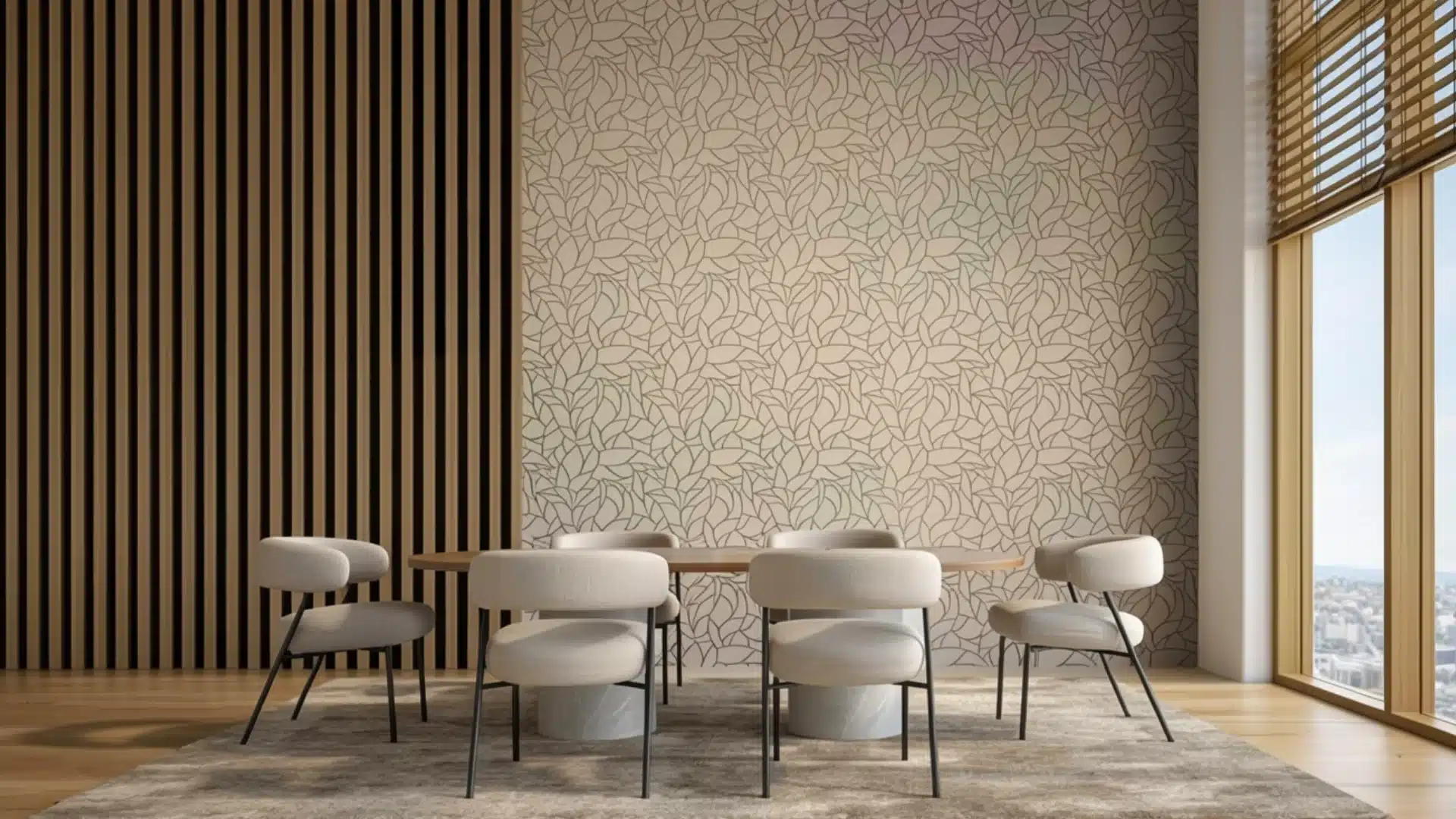 Modern dining area featuring chairs around a table against a wall with leaf patterned wallpaper and dark wood slat paneling