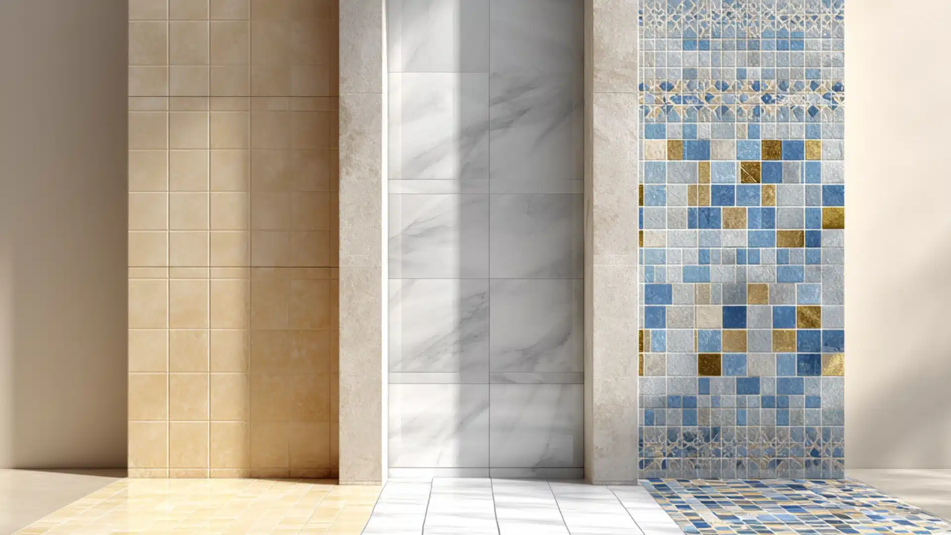 Three vertical tile samples are displayed beige square tiles, large white marble look tiles, and blue and gold mosaic tiles, all illuminated by sunlight.