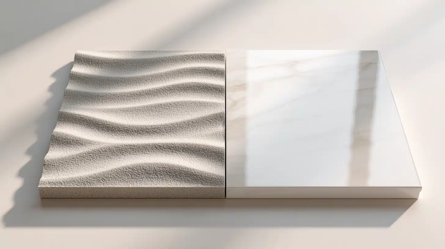 Two contrasting material samples, one textured like sand dunes and the other smooth white marble are displayed under soft lighting.