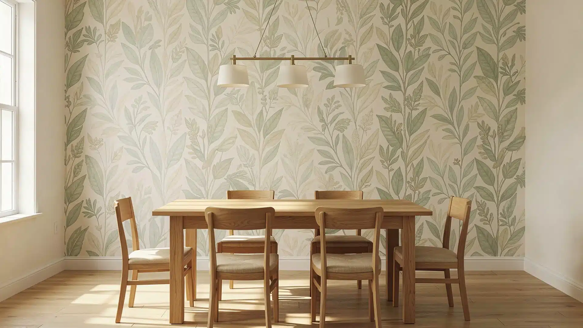 A modern dining room featuring a wooden table and chairs set against a wall covered in a sage green botanical wallpaper