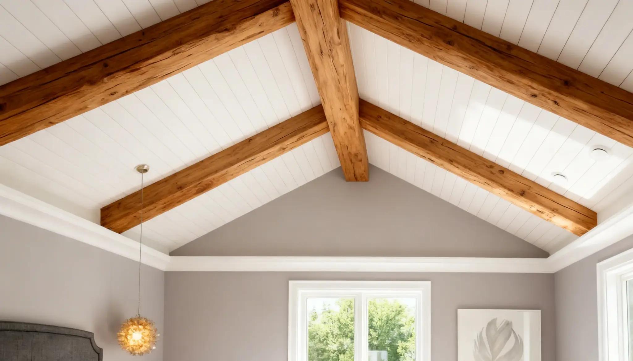 White shiplap ceiling featuring exposed rustic wooden beams contrasts with light gray walls and a modern spherical pendant light.