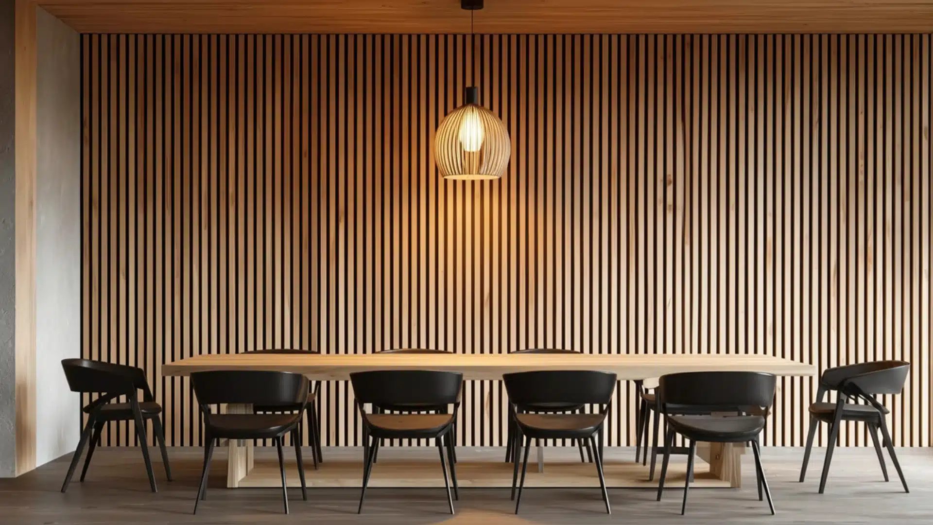 Modern dining room featuring a light wood table, black chairs, and a prominent slatted wood accent wall